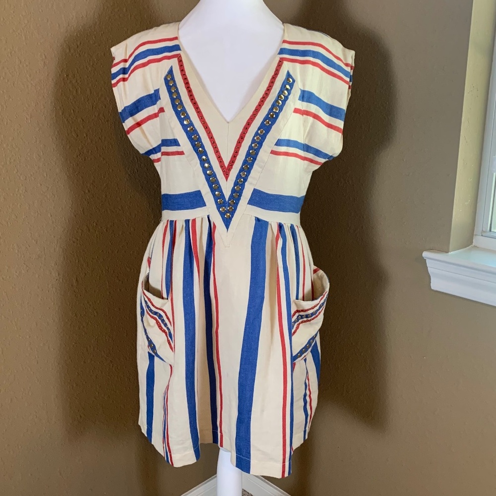 Anthro patriotic Linen Cotton Silk Stud Stripe Dress Sz 0 XS